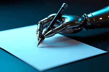 Metallic robotic hand writes on paper, sleek design under cool blue light. Futuristic technology meets human task in precise motion.