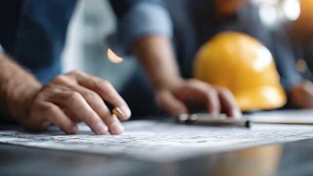 Hand with pen writing on blueprints with a yellow hard hat in the background