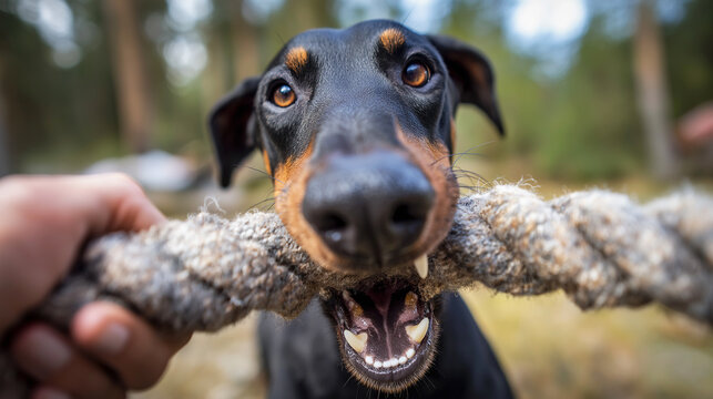 Doberman pinscher grabs a rope toy in the forest. Bright daylight highlights the playful moment. - Powered by Adobe