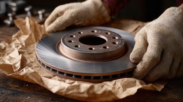 Brake Disc Replacement — Mechanic Hands Focused on Inspecting New Rotor in Workshop — Closeup Realistic Industrial Style — Automotive Maintenance Tutorial and Garage Service