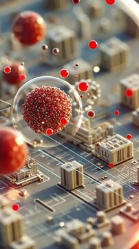 Microscopic Marvel: A stunning macro shot of a virus, encased in a transparent sphere, amidst a complex circuit board, highlighting the intricate interplay of nature and technology.