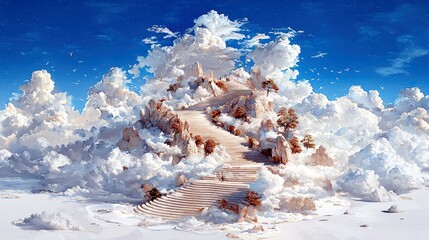 A majestic staircase ascends a rocky peak surrounded by voluminous white clouds under a bright blue sky with birds in flight.