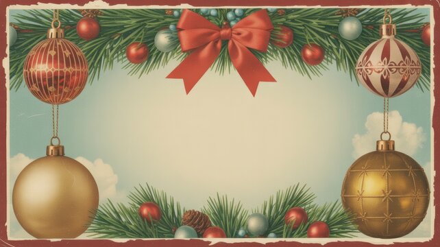 Elegant vintage Christmas card background with ornaments, pine branches and red bow for festive greetings, invitations, and seasonal promotions