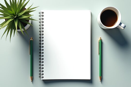 Minimal desk setup: notebook, green pens, coffee cup, succulent plant. Clean, modern workspace vibe. - Powered by Adobe