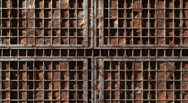 A rusty metal grate with square openings forms a structured pattern