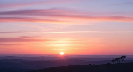 Vibrant sunset over rolling hills with silhouetted horses