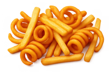 Fried golden french fries and curly fries mix piled, offering a delicious fast food snack with transparent alpha background