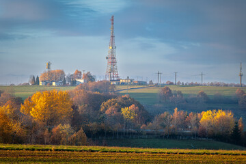 Fototapeta premium Bann-Main Tech Control Facility Tower near Ramstein in autumn landscape