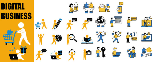 Modern digital business and technology vector illustrations. A comprehensive set featuring concepts for internet business startup, ecommerce, social media marketing, online communication, remote team 