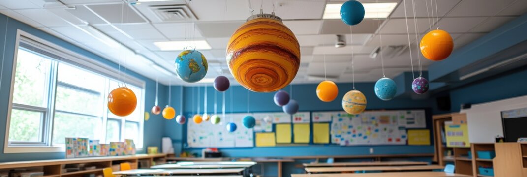 A solar system model hanging from the ceiling in a science classroom