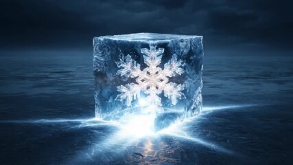 Frosty ice cube with glowing snowflake in cold winter landscape creating frozen atmosphere magic ice - Powered by Adobe