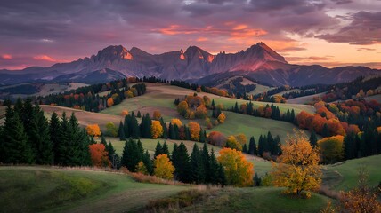 Stunning alpine landscape with vibrant autumn colors and majestic mountains at sunset, perfect for travel brochures and nature-themed campaigns