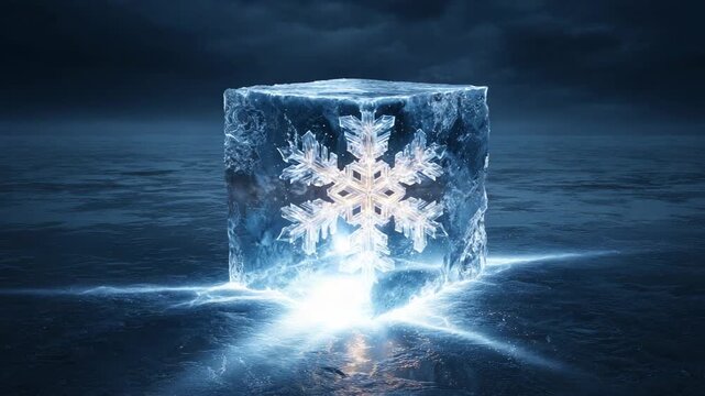 Frosty ice cube with glowing snowflake in cold winter landscape creating frozen atmosphere magic ice