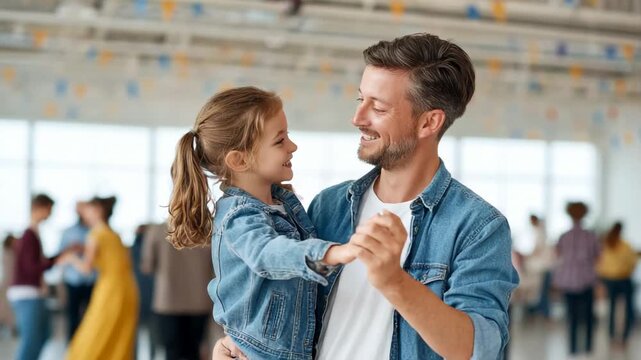 Smiling father dancing with little daughter in casual denim clothes during family event in bright hall