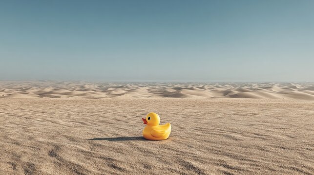 Yellow rubber duck toy standing alone in vast sandy desert symbolizing contrast humor and imagination under clear blue sky - Powered by Adobe