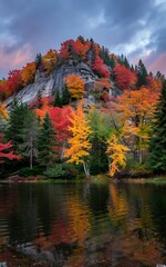 Stunning autumn colors paint a vibrant mountain landscape reflected in the serene lake, perfect for travel, tourism, or seasonal marketing campaigns
