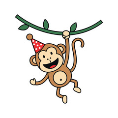 A cute cartoon monkey wearing a red and white polka dot party hat while happily swinging and hanging from a jungle vine or branch