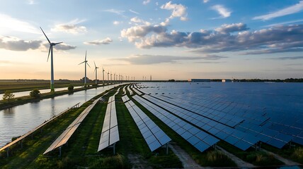Sustainable energy landscape with solar panels and wind turbines creating a clean horizon against a sunset sky for a brighter future