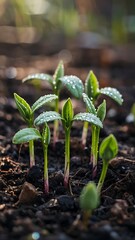 Fresh seedlings emerging in the garden after a spring rain, bringing new life and growth to the fertile soil, hopeful signs of nature's renewal