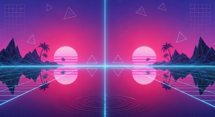 Retro futuristic sunset over a digital landscape with neon reflections