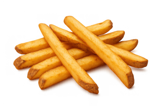 Pile of golden french fries representing fast food, comfort food, and unhealthy eating, transparent background