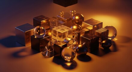 Abstract geometric forms with warm lighting and shadows