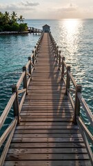 Dreamy ocean getaway with tranquil pier leading to serene tropical island, perfect for travel inspiration and destination marketing visuals