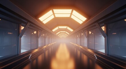 Futuristic sci fi corridor with warm orange lighting and geometric ceiling panels