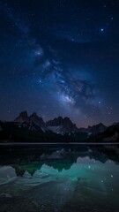 Stunning Milky Way reflected in serene alpine lake with majestic mountains under a breathtaking night sky, perfect for travel and nature inspiration