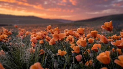 Vibrant poppy field at stunning sunset evokes feelings of warmth, peace, and natural beauty, perfect for travel blogs, greeting cards, or inspirational designs