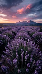 Breathtaking lavender field at dusk with stunning mountain views and dramatic sunset clouds, perfect for travel, wellness, and calming nature scenes