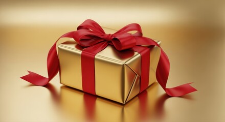 Golden wrapped present with long red bow on metallic backdrop and copy space. Perfect for luxury branding, premium holiday campaigns, elegant product ads and upscale festive promotions.
