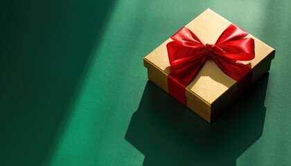 Gold gift box with red ribbon in warm directional light on green backdrop with copy space. Great for holiday greeting graphics, seasonal blog headers, christmas ads and festive marketing