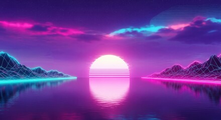 Neon sunset over a reflective water landscape with mountains