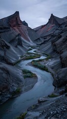 Discover the beauty of nature's serenity with this tranquil river winding through a majestic canyon, perfect for travel or environmental campaigns