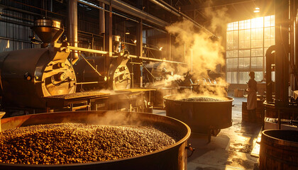 Golden coffee beans roasting with steam in industrial setting, highlighting quality and tradition, perfect for branding and advertising