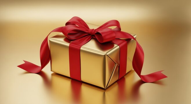 Golden wrapped present with long red bow on metallic backdrop and copy space. Perfect for luxury branding, premium holiday campaigns, elegant product ads and upscale festive promotions.
