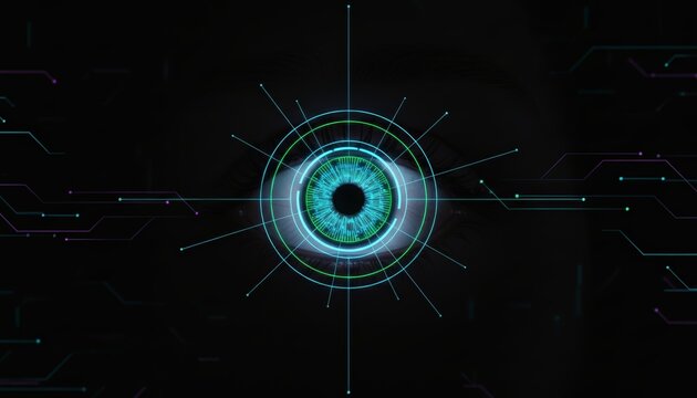Human eye with a digital overlay showing circuits and a target graphic, representing concepts of biometric security, surveillance, futuristic technology, and recognition systems
