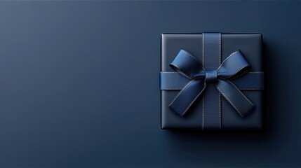 Elegant Navy Gift Box With Ribbon Bow On Dark Background. Luxury Present Composition For Holiday Season Promotions, Gift Cards, Winter Campaigns