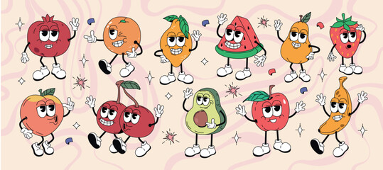 Fototapeta premium Vector set of groovy hippie fruit characters in retro style. Cartoon cute summer stickers, funky comic doodle cherry, lemon, strawberry, avocado, banana, peach, watermelon, pear with expressive faces.