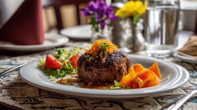 Gourmet meat dish with fresh vegetables and garnish plated elegantly on white porcelain, fine dining restaurant presentation with salad and colorful bell peppers on rustic table setting