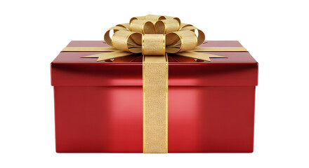 Red gift box with gold ribbon and bow isolated on transparent background