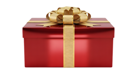 Red gift box with gold ribbon and bow isolated on transparent background