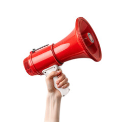 Hand Holding Red Megaphone on White Background for Announcement or Promotion