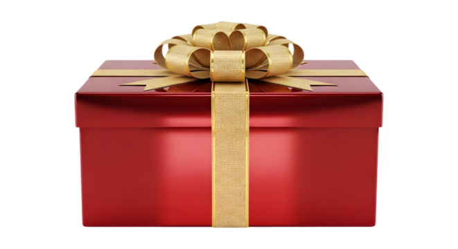 Red gift box with gold ribbon and bow isolated on transparent background