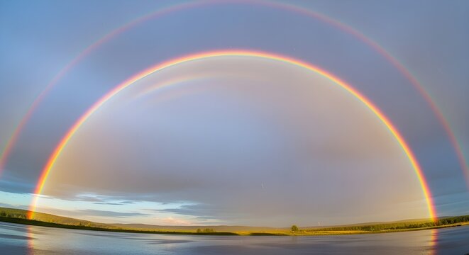 Three vibrant rainbows arc across the sky over a lake and land - Powered by Adobe