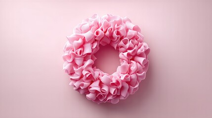 Fluffy Pink Fabric Wreath With Curled Texture On Soft Background. Romantic Decor For Valentine, Baby Shower, Wedding And Festive Uses