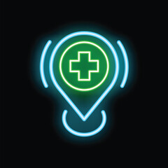 Obraz premium Neon sign is glowing with a medical cross symbol inside a location pin