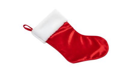 Red christmas stocking with white trim isolated on transparent background
