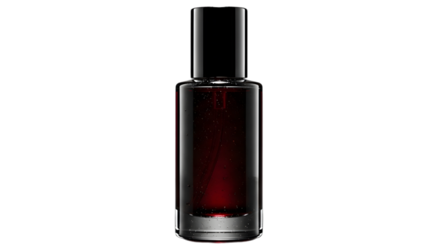 Clear glass bottle with dark red liquid isolated on transparent background